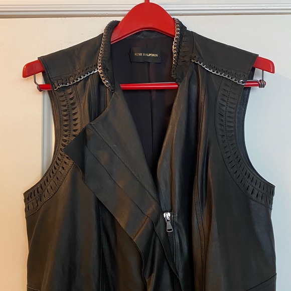 Kobi Halperin 💯Genuine Leather Black Silver Chain Full Zip Ruffled Vest - Picture 2 of 16